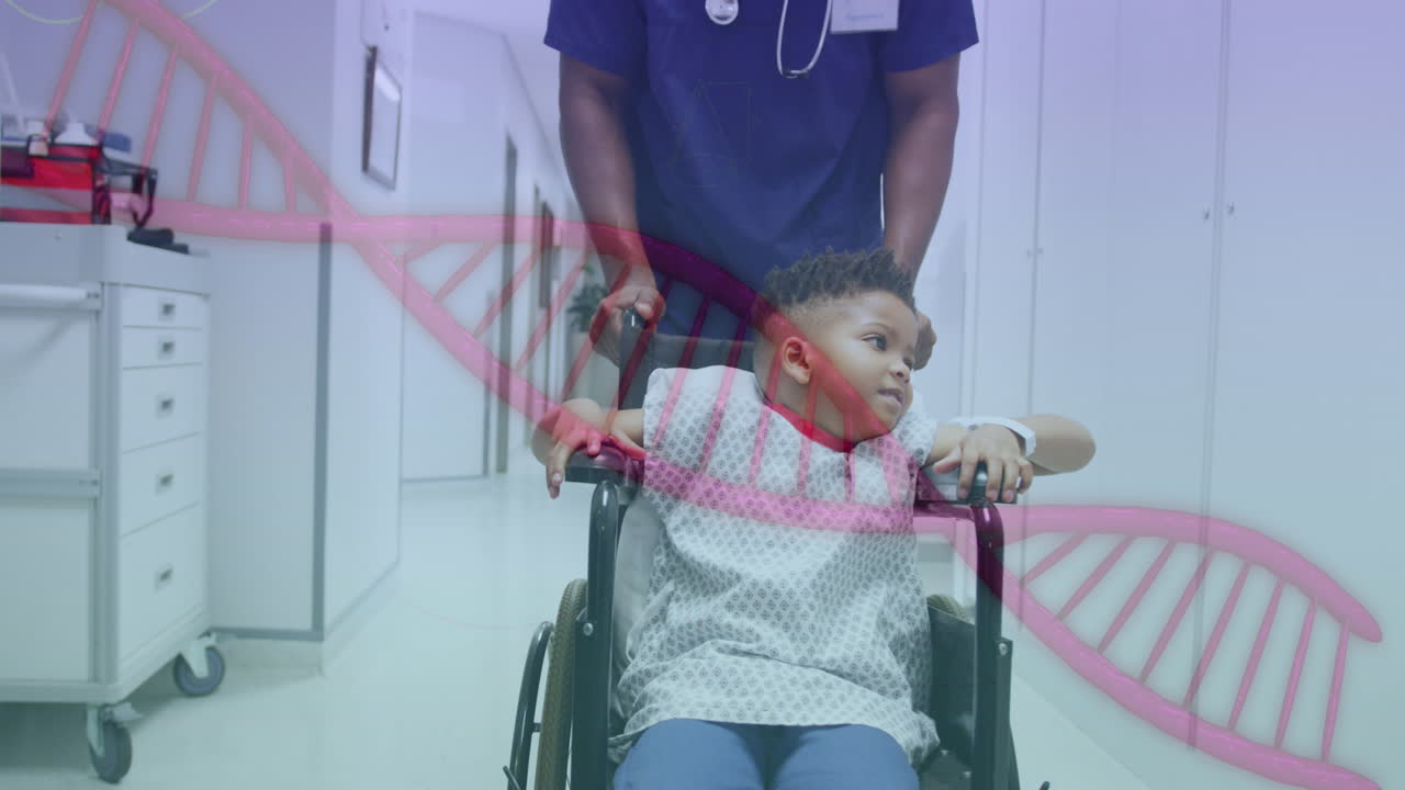 Animation of dna strand over male doctor with biracial boy patient