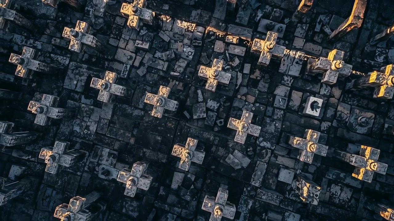 Telecamera aerea che si muove, rivelando una griglia di croci di pietra sopra le cripte di un cimitero, mostrando un bagliore solare in movimento.