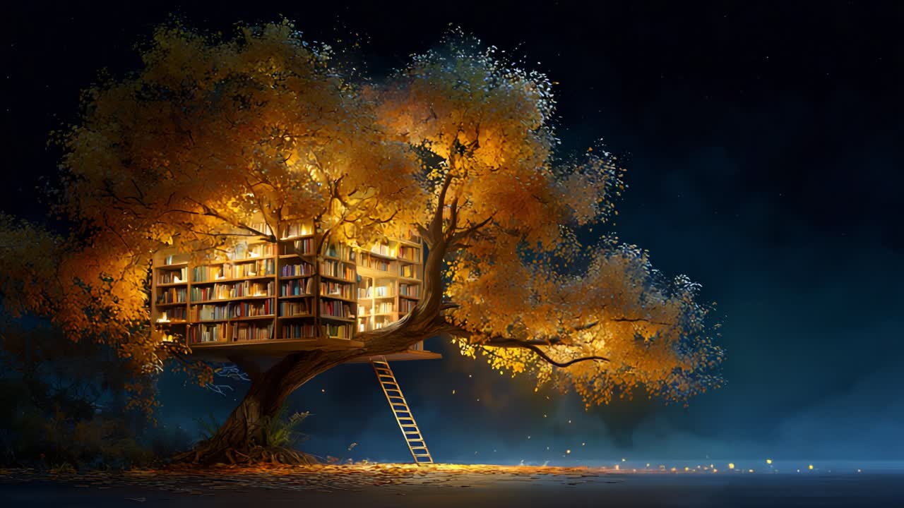 A Magical Treehouse Library Illumined Under Starry Skies, Embraced by Lush Foliage and Soft Glows, Inviting Readers to Explore Worlds of Imagination and Knowledge