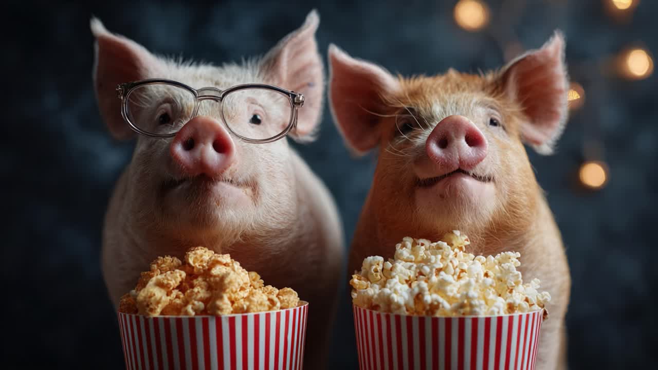 Two Cute Pigs Enjoying Popcorn in Vintage Glasses: A Delightful and Whimsical Moment Captured with Popcorn Buckets and Charming Expressions
