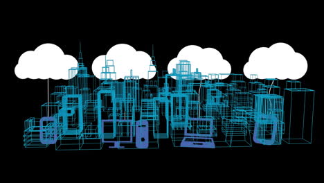 animación de nubes digitales e iconos sobre dibujo 3d de paisaje urbano sobre fondo negro