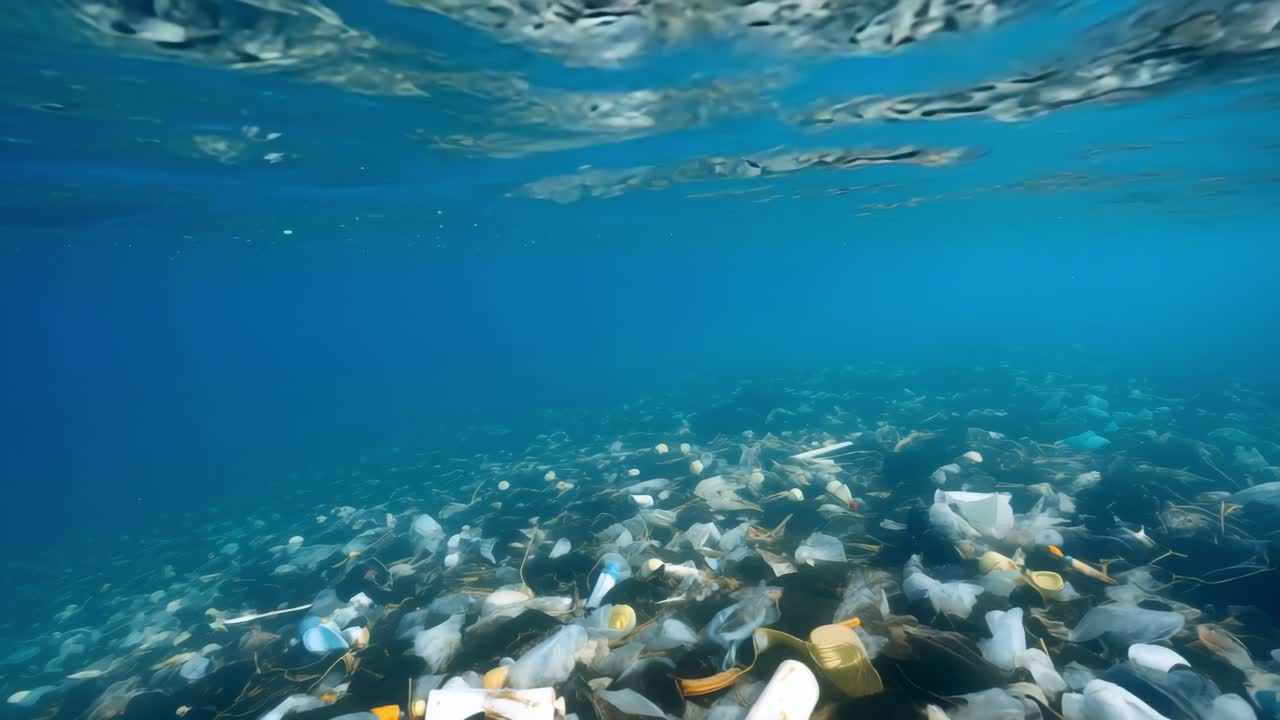 Plastic bottles, bags, straws, and various forms of garbage cluttering the seabed in the deep blue ocean, contributing to significant pollution and damaging the marine environment