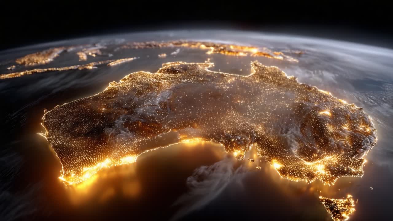 A Stunning Aerial View of the Illuminated Landmass, Highlighting the Vibrant Nighttime City Lights and the Natural Wonder of the Continent Shining Brightly