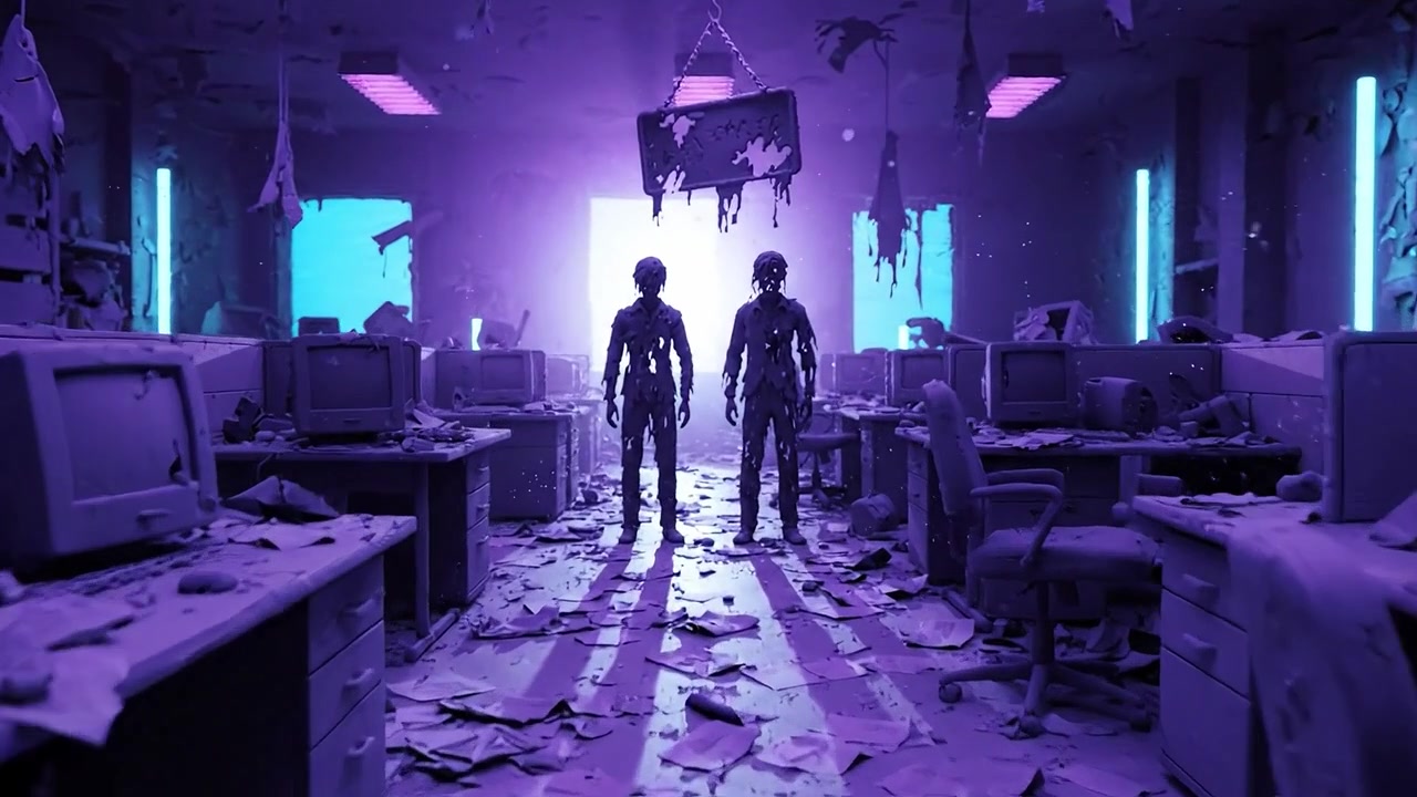 Desolate Office Space: Two Figures Stand Amidst Chaos of Disarray, Illuminated by Neon Light, Capturing the Essence of a Forgotten Technological Era