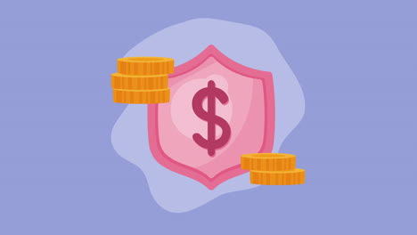 golden coins dollars with shield animation