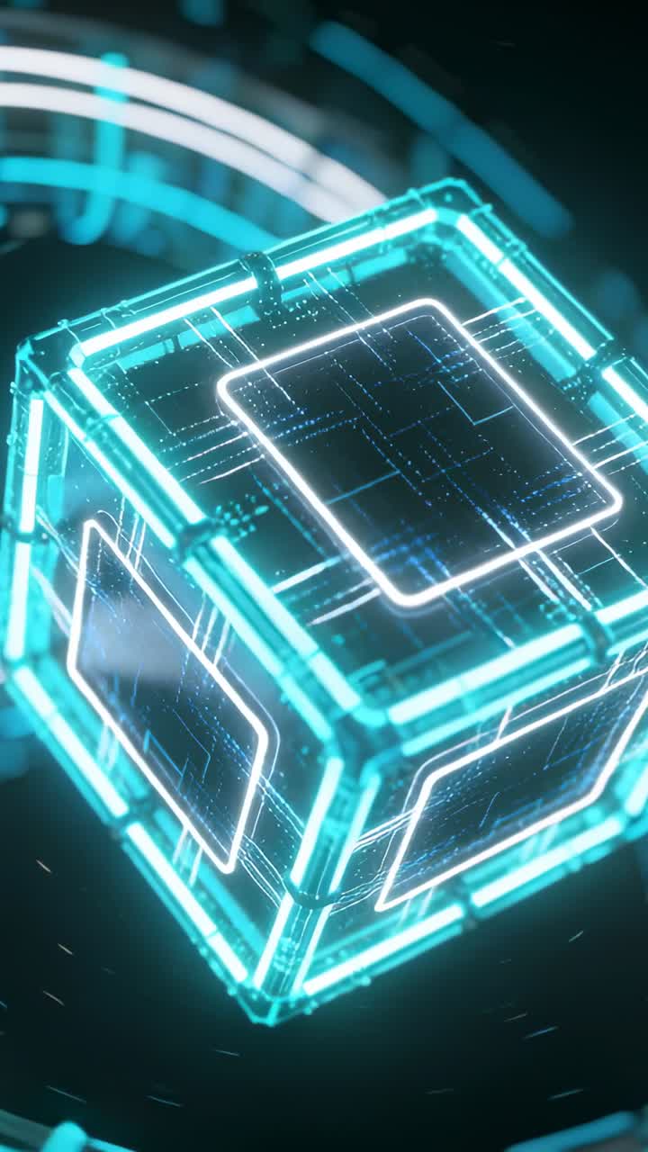 Vertical video: Emerging teal cube rotating, tilting in void, activating rings and showing circuits
