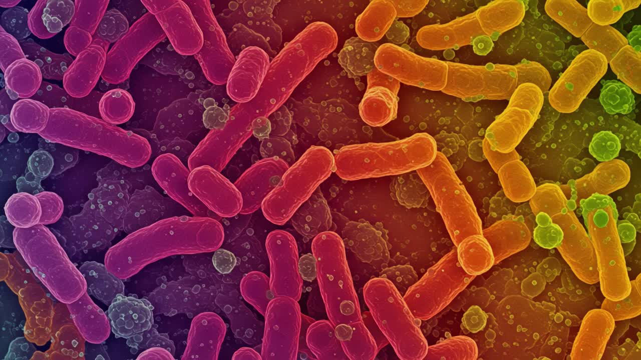 A Vibrant Microscopic View of Bacteria Showcasing Various Shapes and Colors, Highlighting the Intricacies of Microbial Life in a Colorful Environment