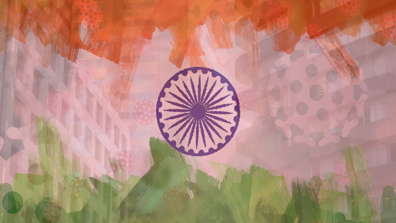 코로나19 세포의 구성과 인도 발 위의 현대적인 건물