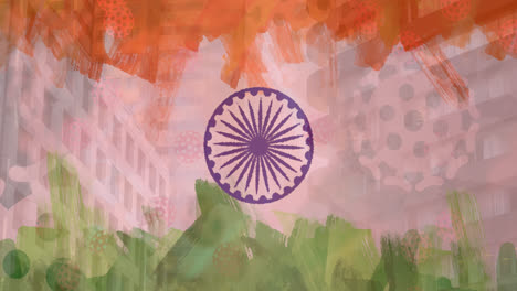 composition of covid 19 cell and modern buildings over indian flag