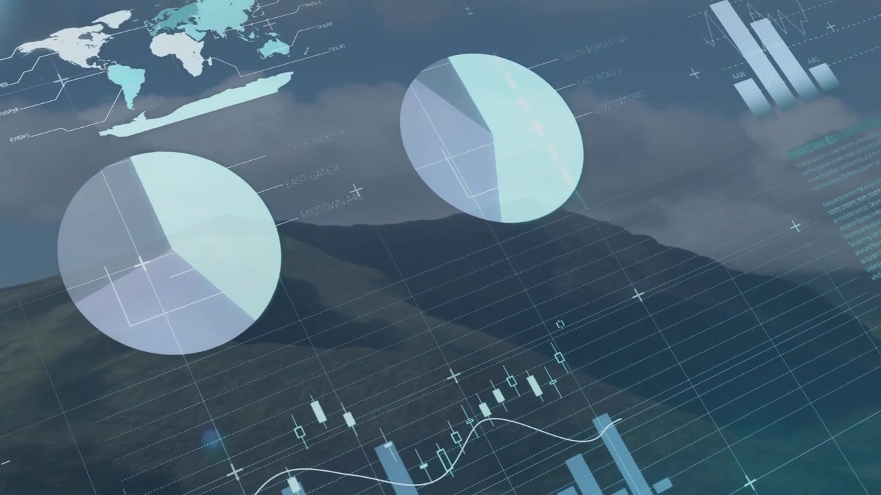 Scrolling data table initiating gauge and chart animations showing financial trends over mountains