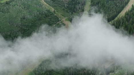aerial of low fog hanging over mountain and forest trees-7
