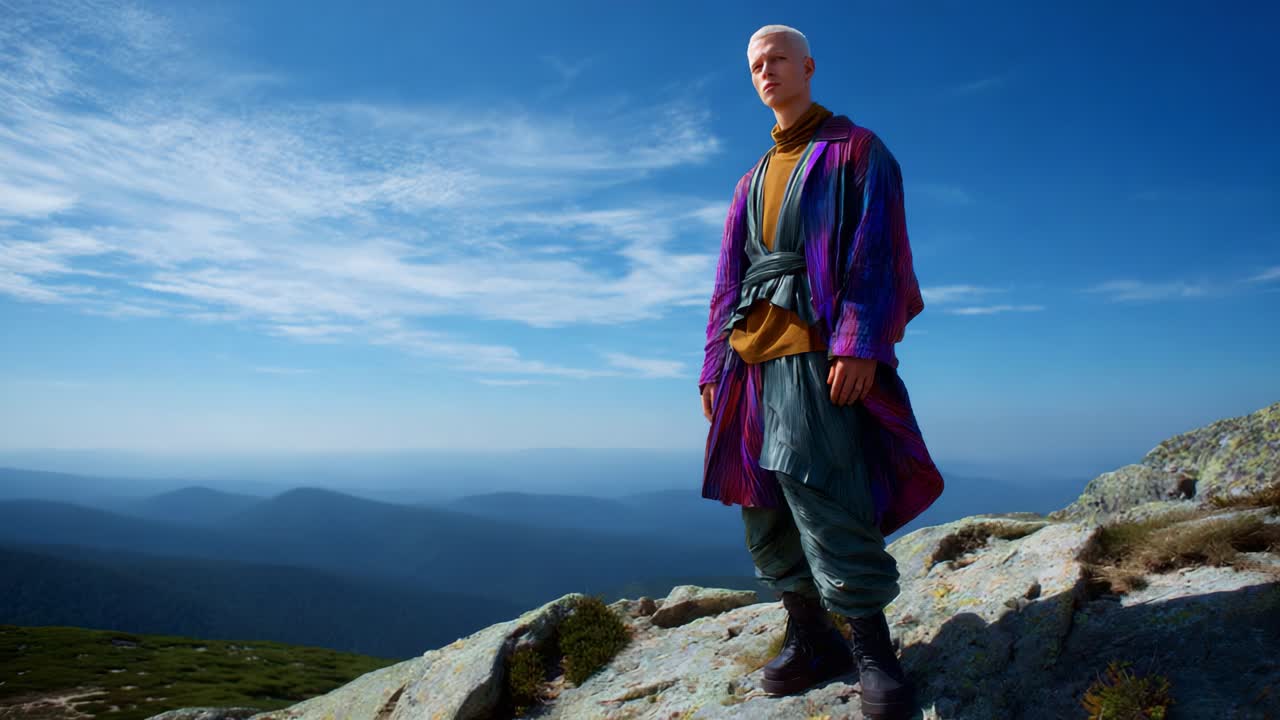 A lone figure stands on a rocky mountain peak, gazing into the expansive horizon under a clear blue sky, exuding a sense of solitude and adventure in nature's beauty