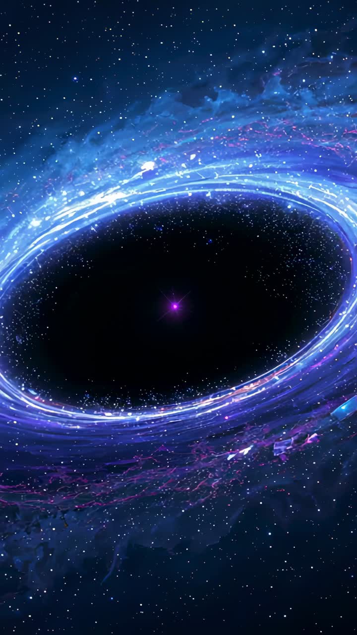 Vertical video: Emitting ring vortex violet bands and orbiting specks in space, pulsing purple core