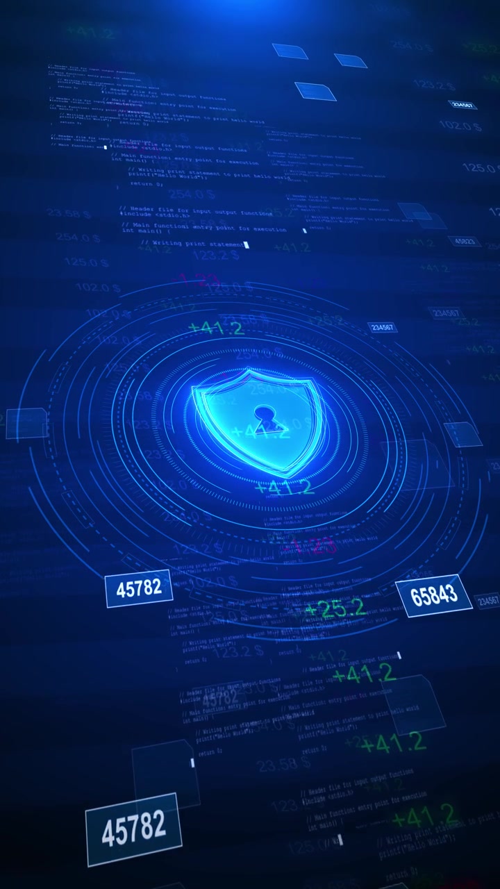 Digital data protection shield background cyan lock icon circular scanner marks number overlays deep