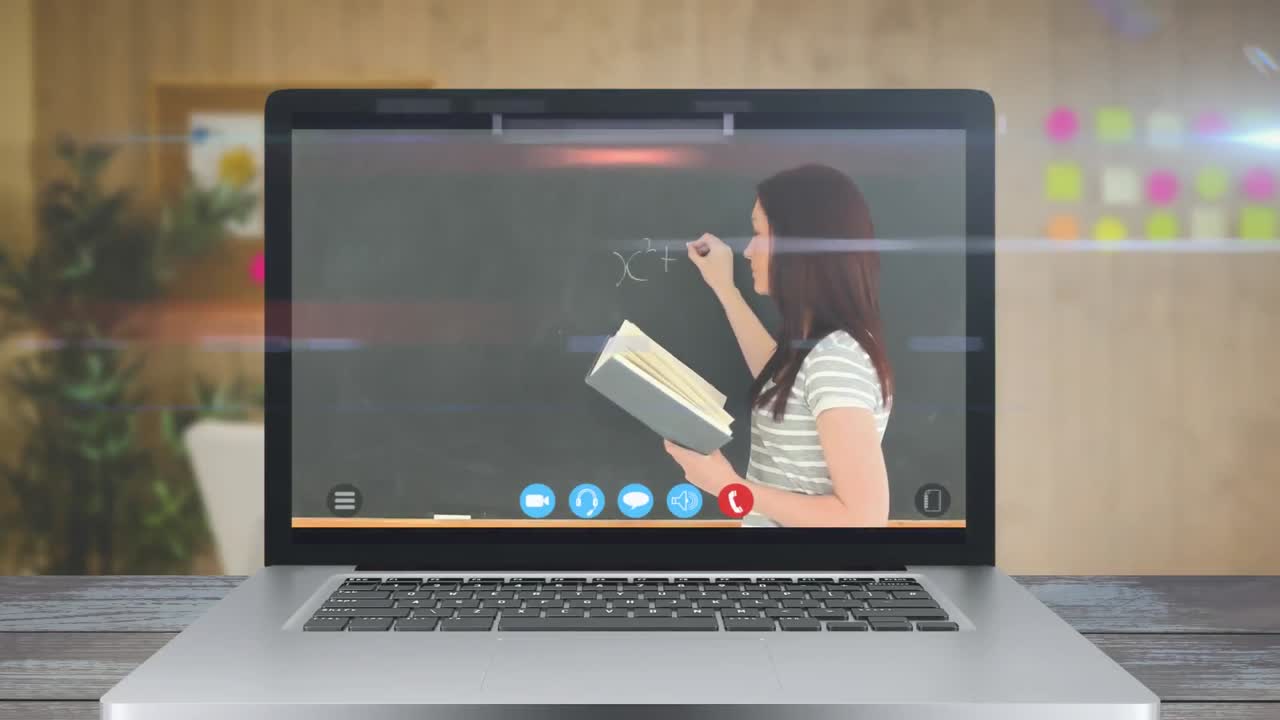 animación de una pantalla que muestra a un maestro durante una lección escolar en línea en video. propagación del coronavirus