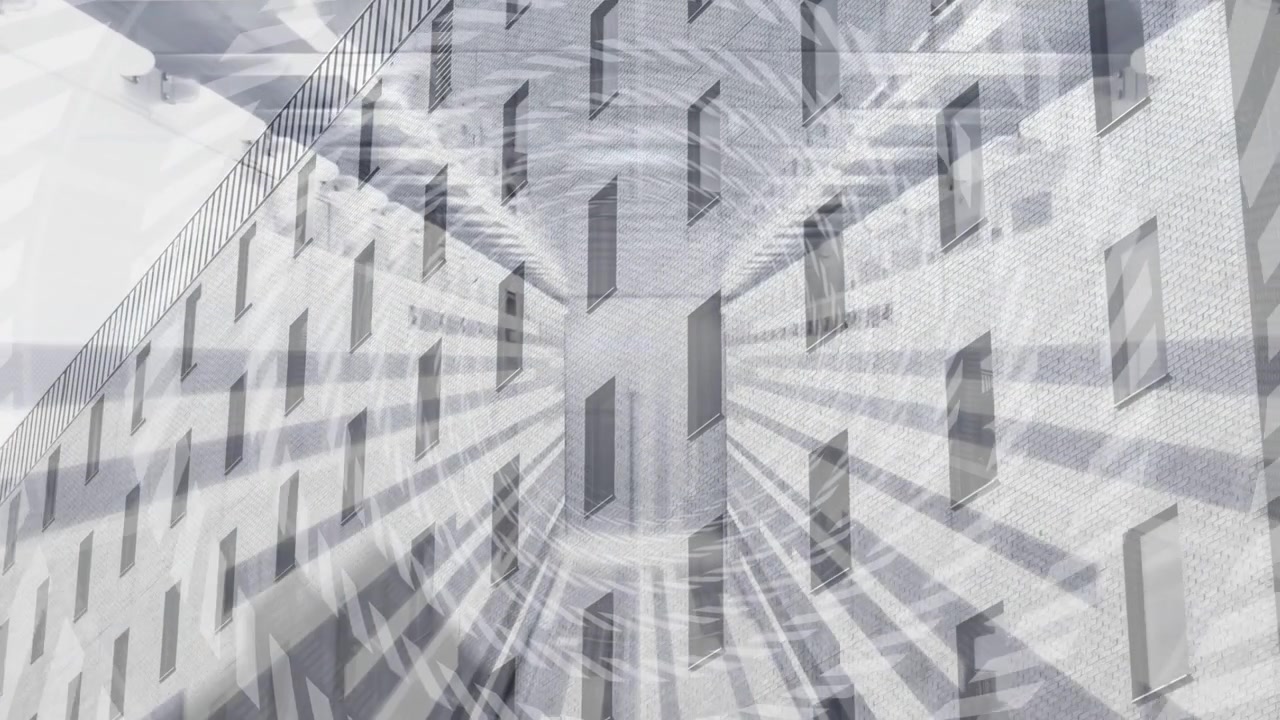 Facade showing pulsing spiral and radial overlay as frames progress, creating depth for design