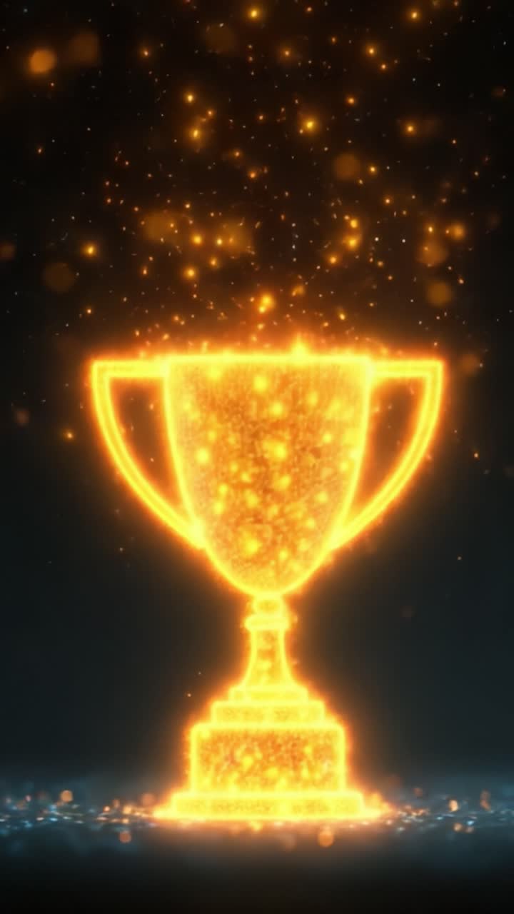 Un trofeo dorato scintillante brilla in uno spettacolo celeste di luce ed energia, rappresentando successo, vittoria e celebrazione in una straordinaria esperienza visiva.