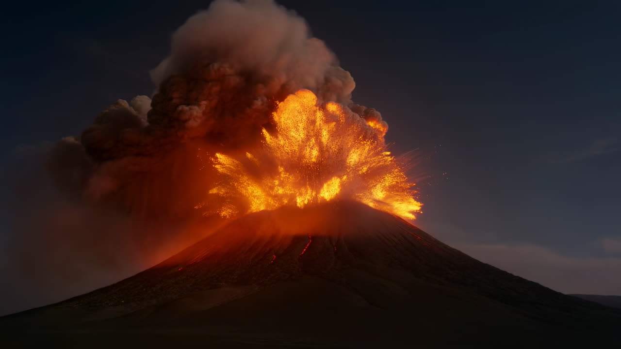Potente eruzione vulcanica che sprigiona lava e cenere di notte