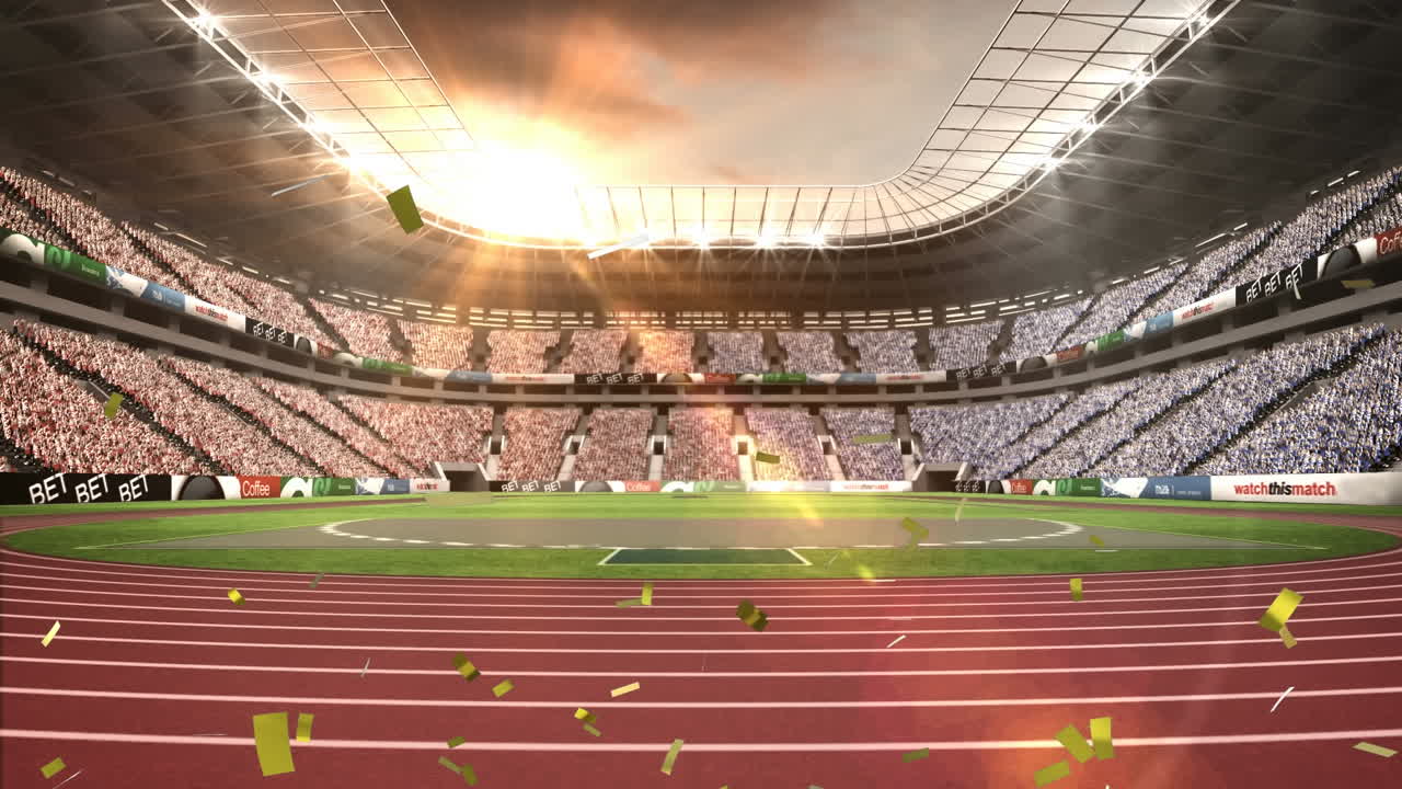 animación de confeti cayendo sobre el estadio deportivo