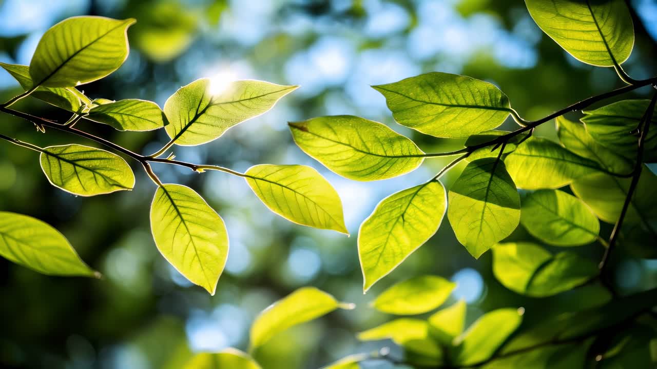 Folhas verdes iluminadas pelo sol contra um céu azul, capturadas de um ângulo baixo. A cena vibrante e natural