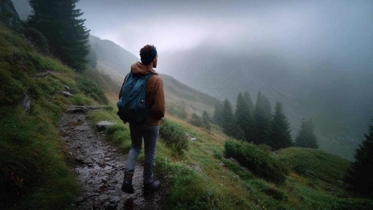 A solitary hiker gazes at the misty mountains, surrounded by lush greenery, reflecting on nature's beauty and tranquility during an adventurous trek through fog.