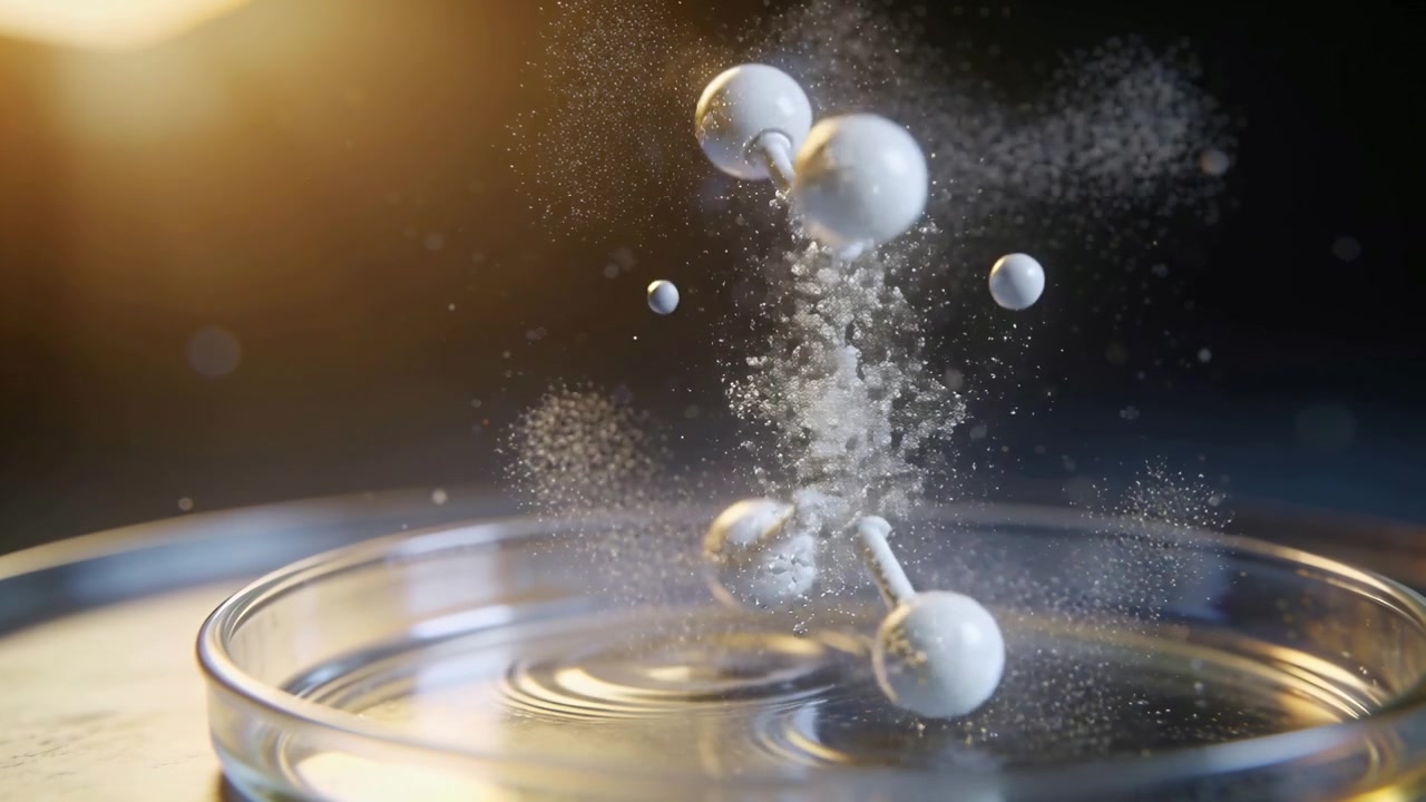 Un modello molecolare a sfere e bastoncini che ruota si rompe sopra una capsula di Petri, inviando polvere e bolle verso l'alto.
