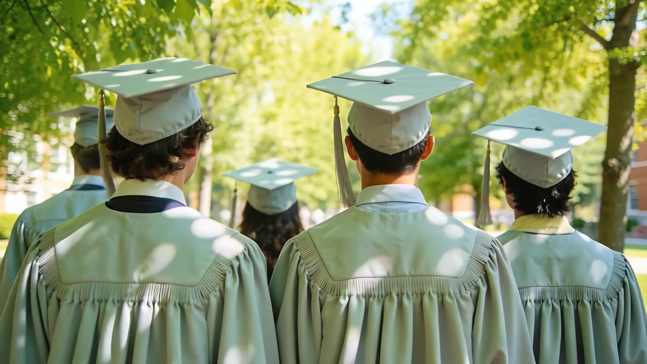 Optog starter, dimittender går mod ceremoni langs campussti, iført kapper og huer.