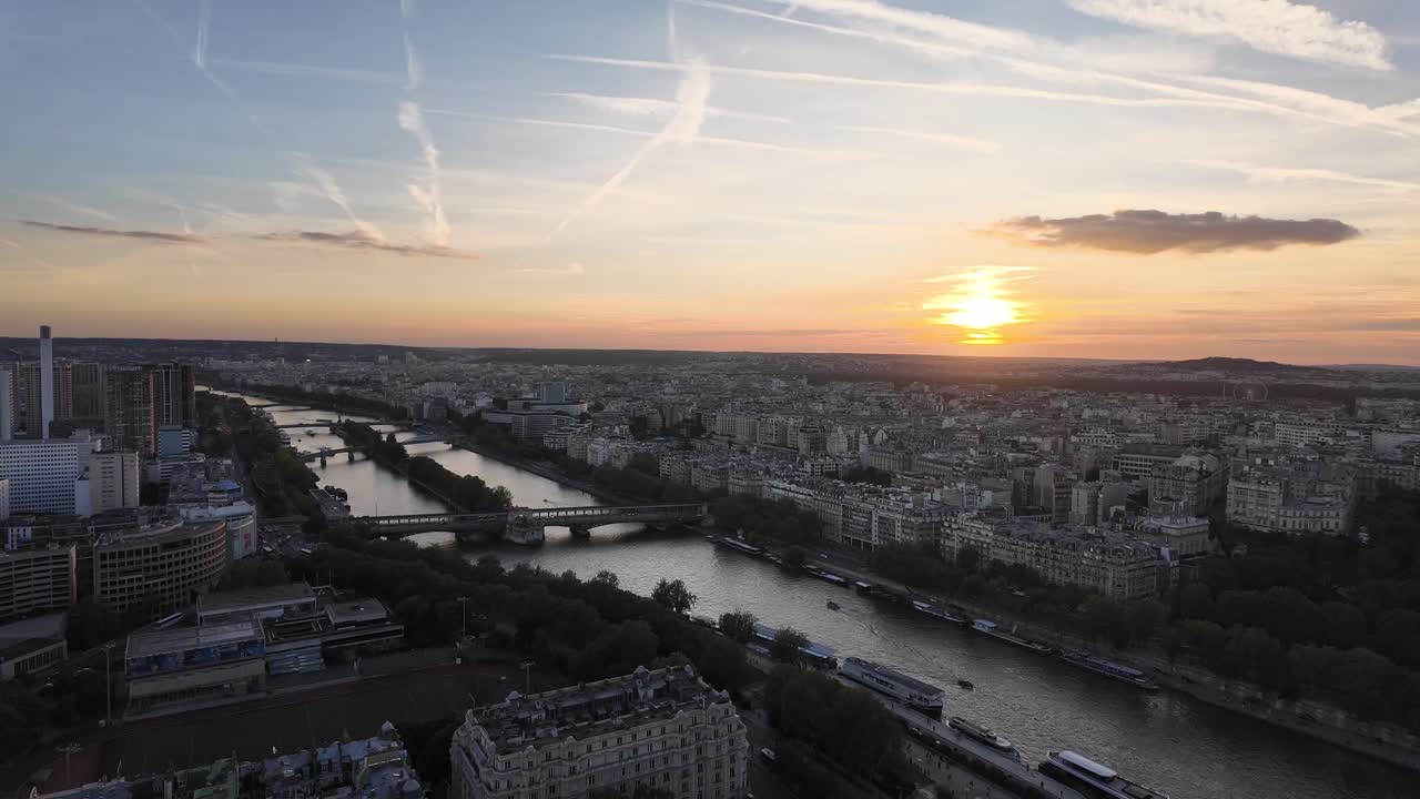 Paris city skyline France, buildings at sunset, Seine river beautiful Europe travel