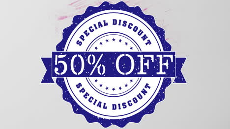 animation of 50 percent off, special discount text on blue seal over pink paint brushstrokes