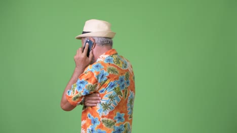 handsome senior bearded tourist man ready for vacation against green background