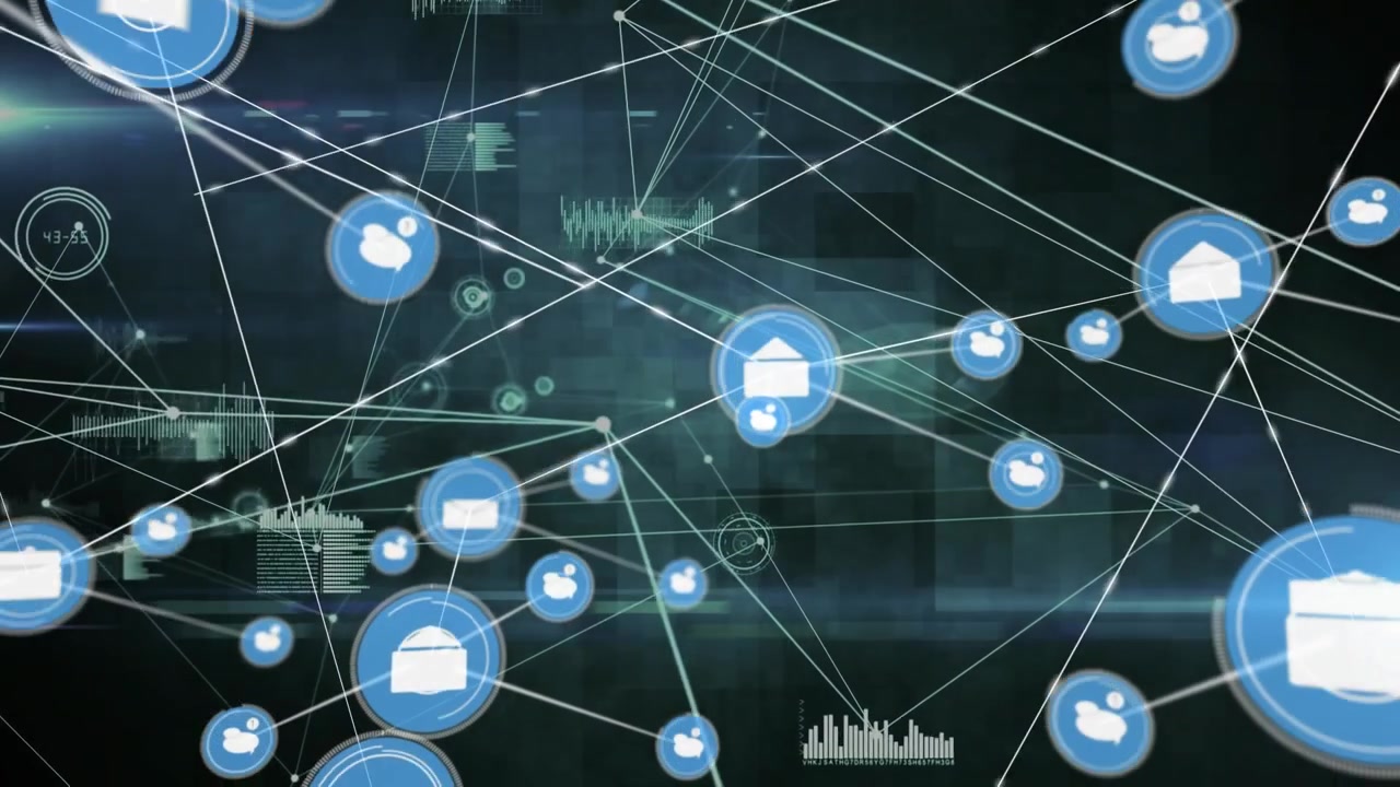 Animation of network of connections with icons over black background