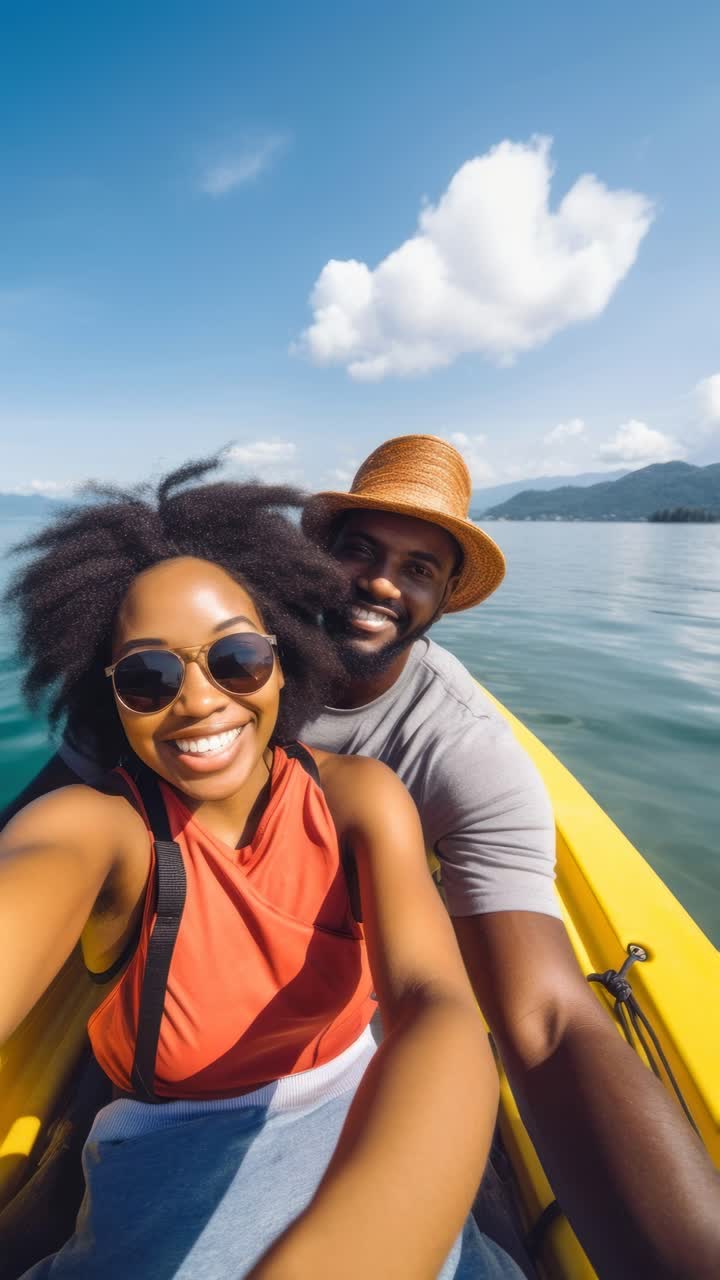 A joyful couple takes a selfie in a kayak on a serene lake