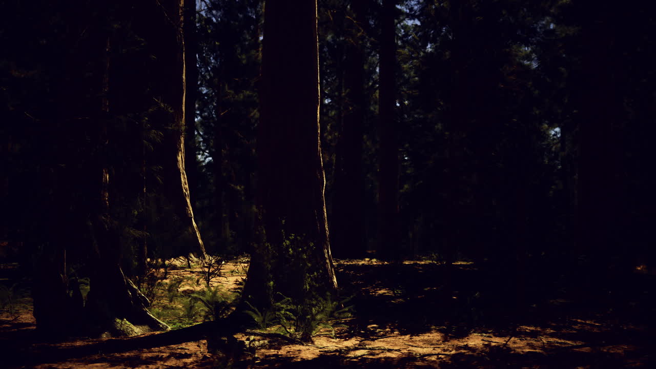 Foresta misteriosa illuminata dal chiaro di luna di notte in un ambiente tranquillo