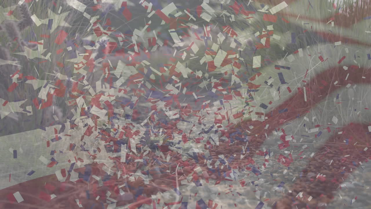 animación de la bandera estadounidense y confeti moviéndose sobre el hombre corriendo