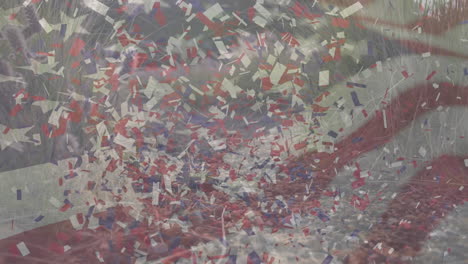 animation of american flag and confetti moving over man running