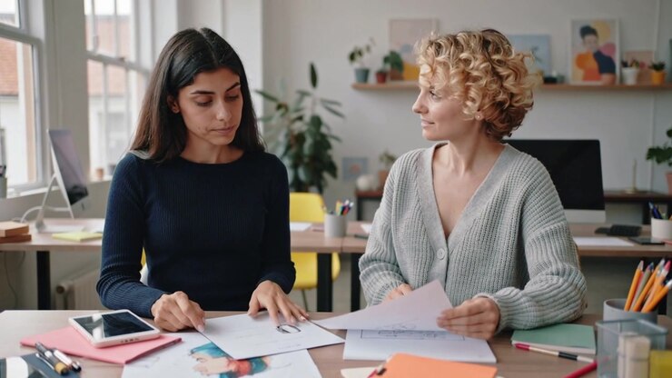 Donna in cardigan grigio che sfoglia e invia un foglio verso un collega, revisionando disegni stampati alla scrivania