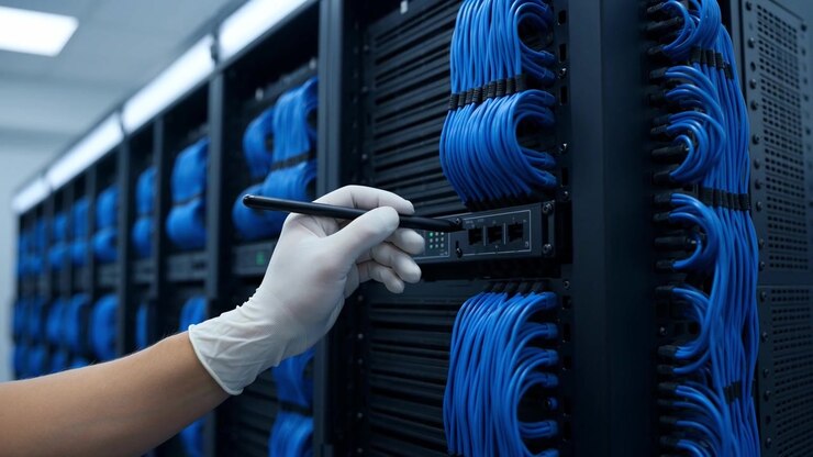 Gloved Hand Pointing at Blinking Lights on Network Switch in Data Center