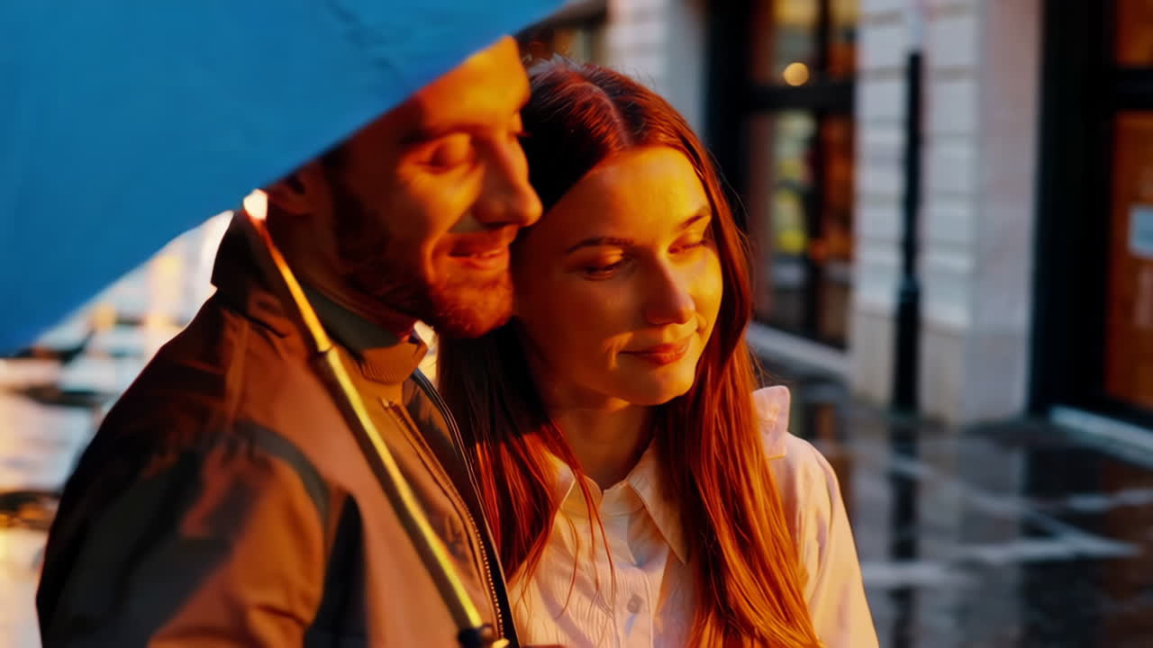Couple walking under an umbrella in the rain at night