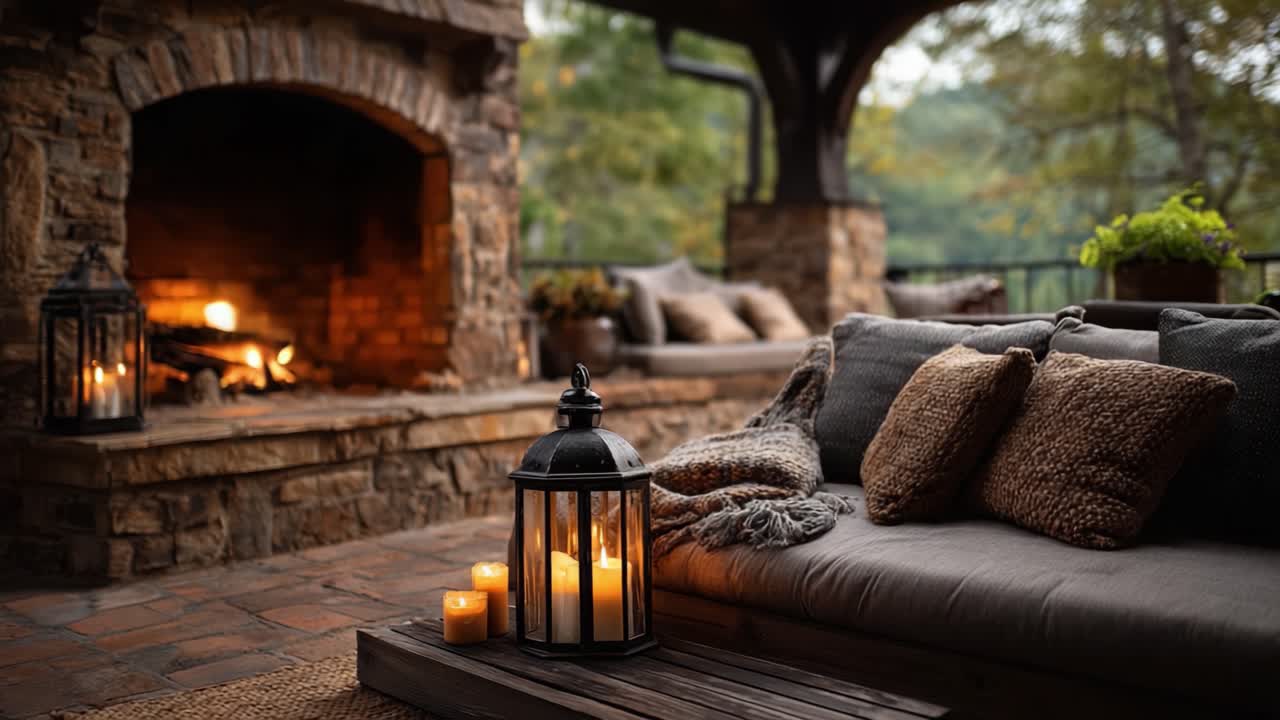 Accogliente area lounge all'aperto con camino in pietra e tessuti morbidi che invitano al relax in un ambiente naturale sereno