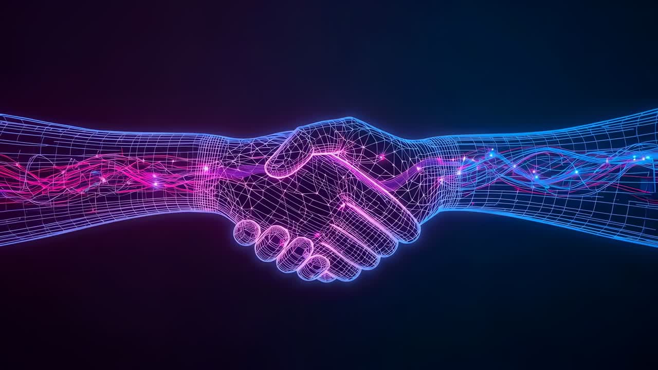 Intensifying blue backlight pulsing, neon wireframe hands clasping in grid, magenta helix signaling