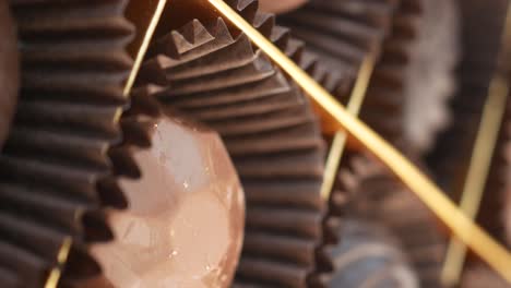 close up of chocolate truffles in brown paper cups