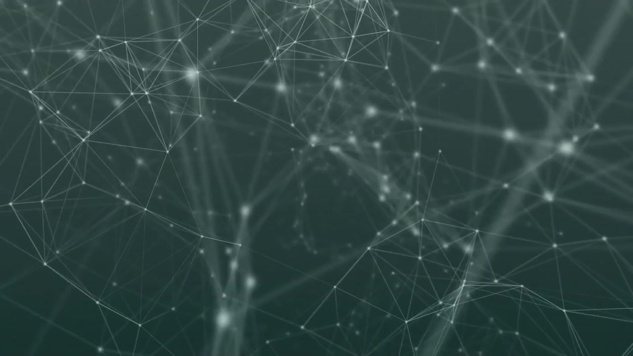 Dark teal field activating glowing node clusters forming triangular mesh pulsing, dispersing
