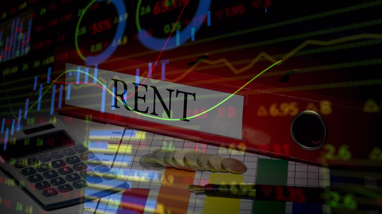 계산기, 임대료 파일 및 동전을 통해 금융 데이터 처리의 애니메이션