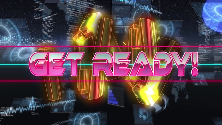 Animation of get ready completed in digital abstract space with blocks