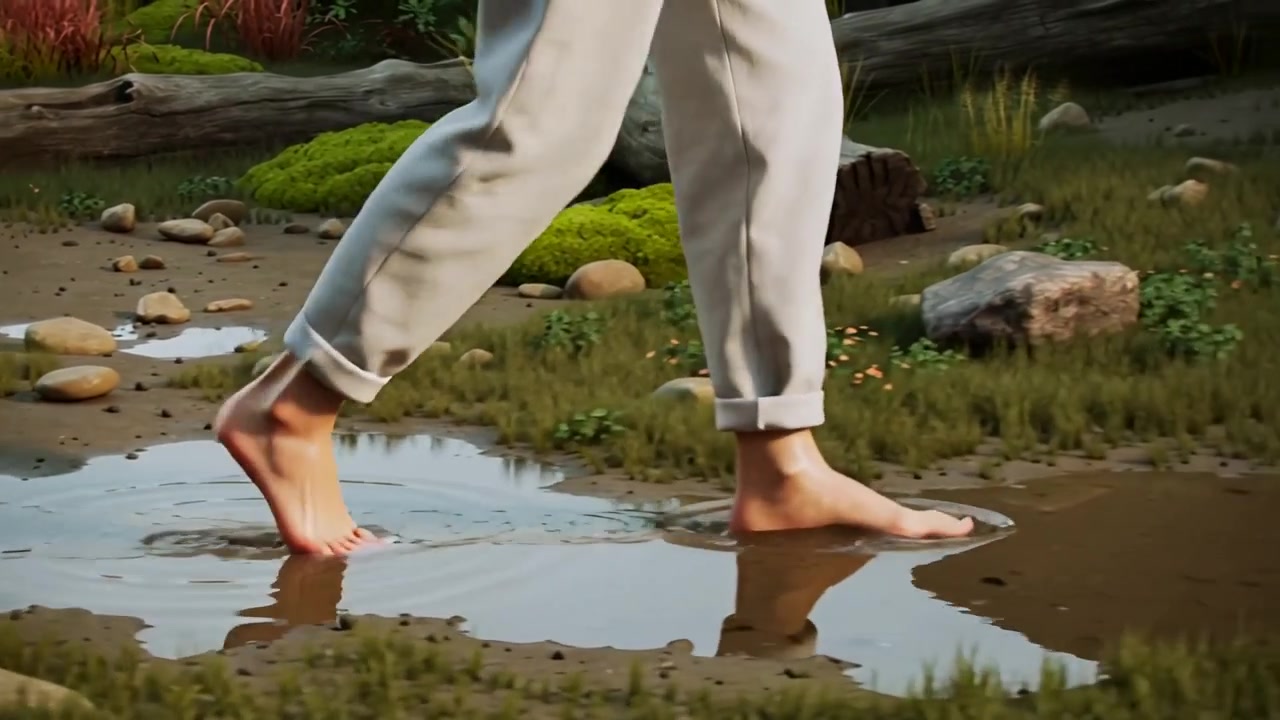 Walking barefoot legs, feet nearing woodland puddles, stepping and making ripples, cuffed pants