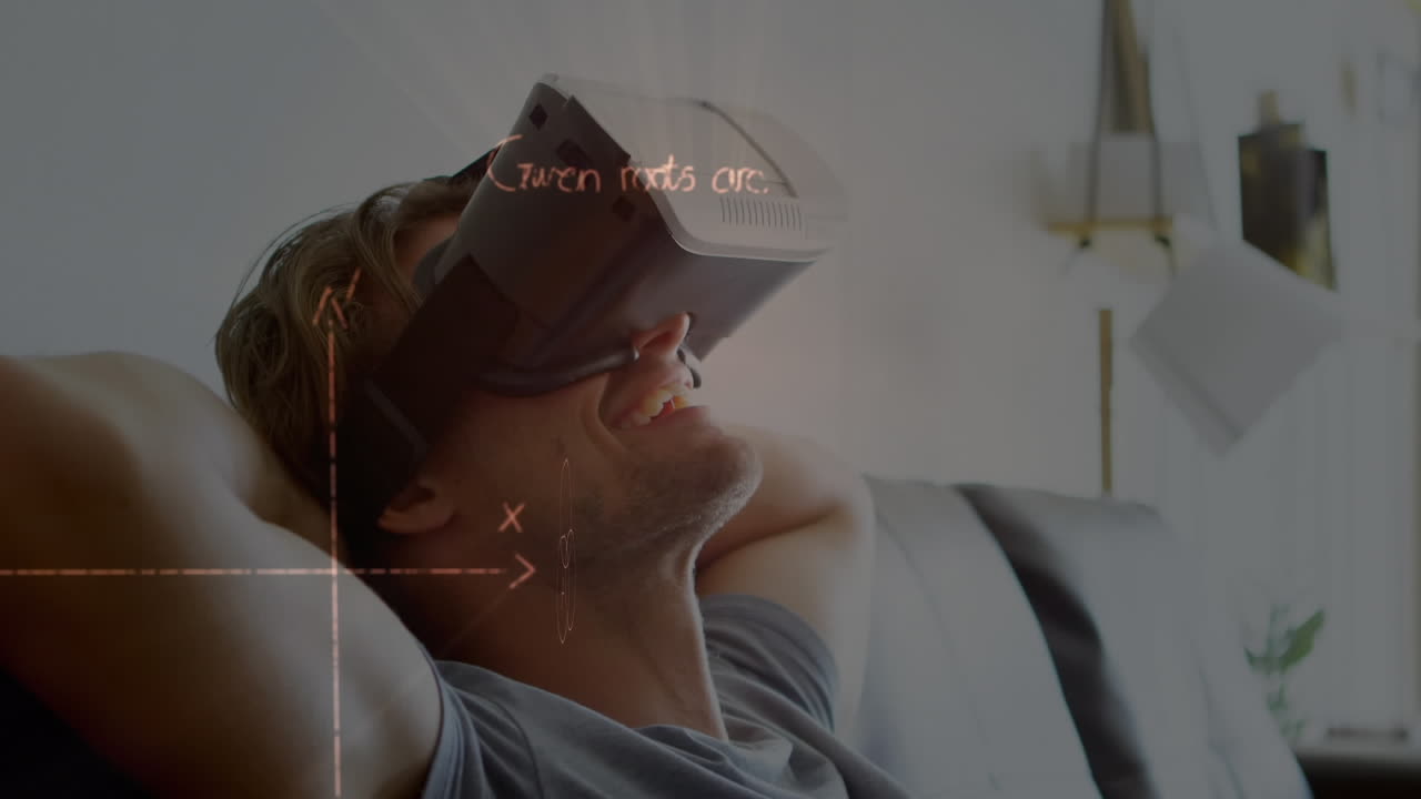 Animation of mathematical drawings and equations over man wearing vr headset