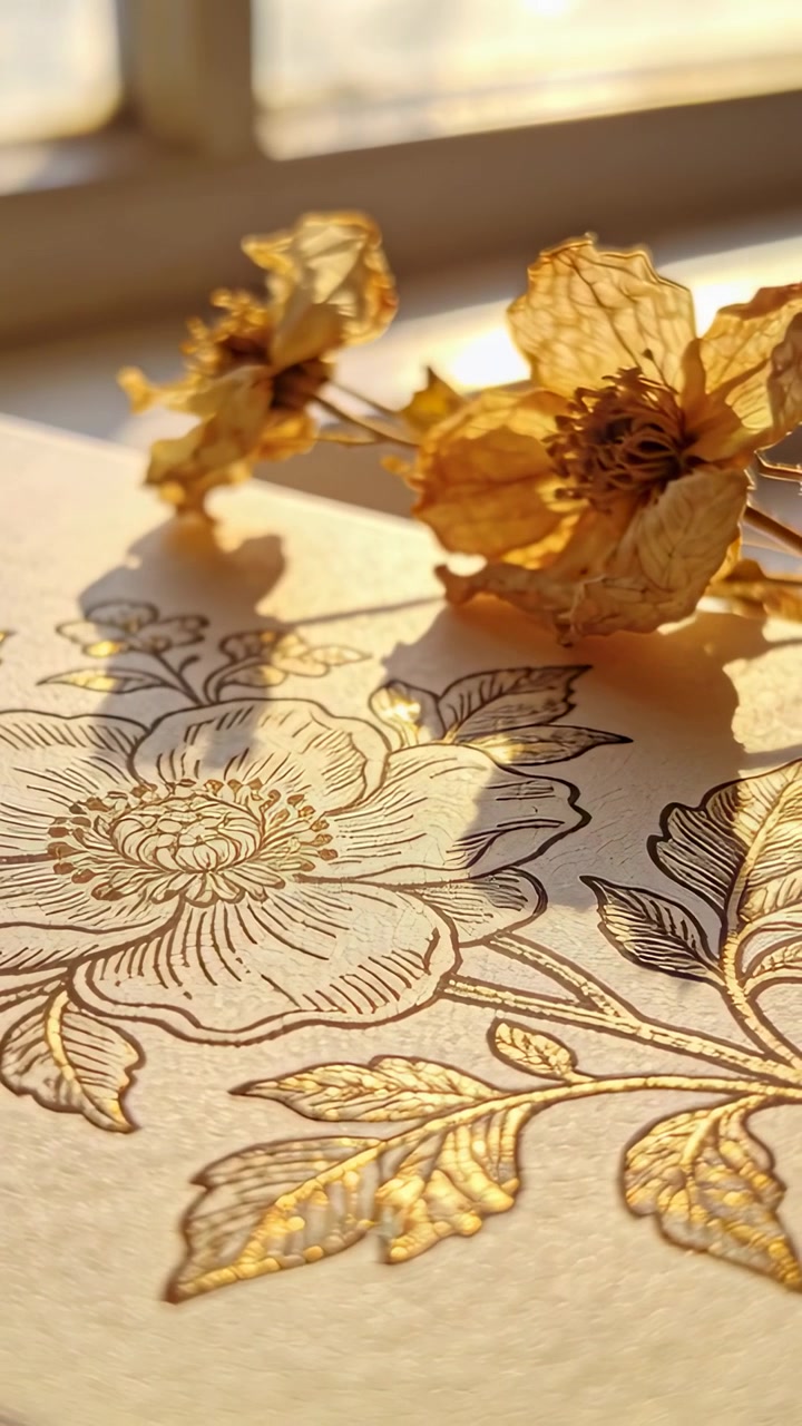 Video verticale: Telecamera in movimento che, spostando il sole, rivela fiori secchi su carta accanto a una finestra con lamina d'oro