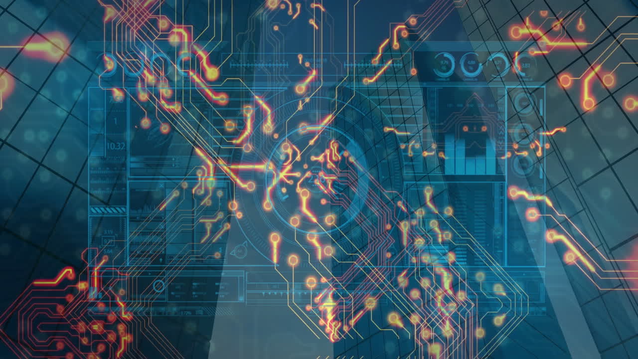 Animation of glowing circuit board with vibrant colors and lines in abstract design