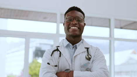 doctor face, black man and proud in a medical