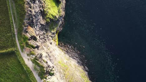 Drone-shot-of-the-Cliffs-of-Moher-at-sunset,-looking-straight-down-over-hikers-and-birds